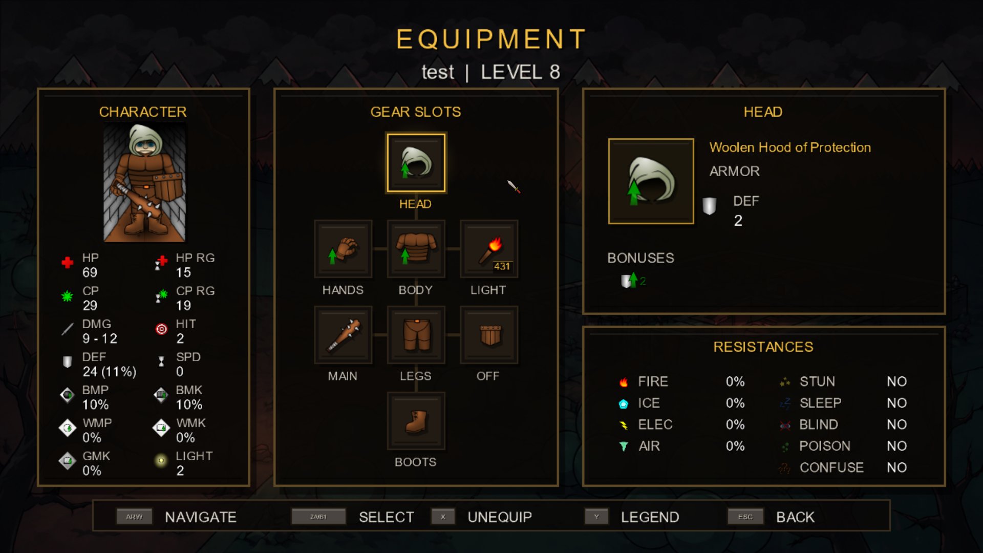 New 2026 equipment screen with warm dark panels, gold borders, and reorganized layout